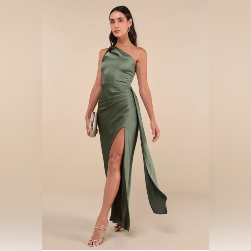 Signature Elegance Olive Green Satin One-Shoulder Maxi Dress